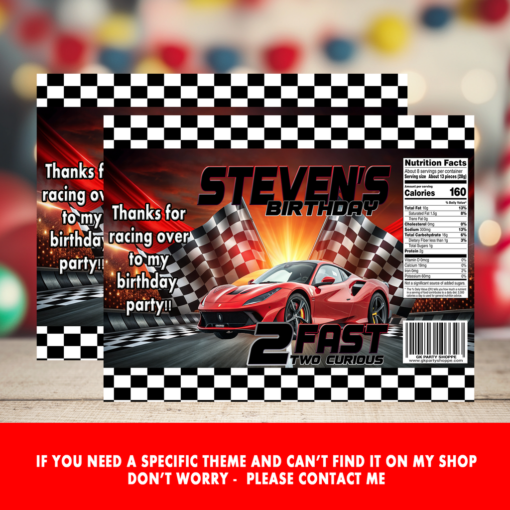 2 Fast 2 Curious Boy Edition | Chip Bag Wrapper Party Favor | Racing Birthday Theme | Digital + Print Option