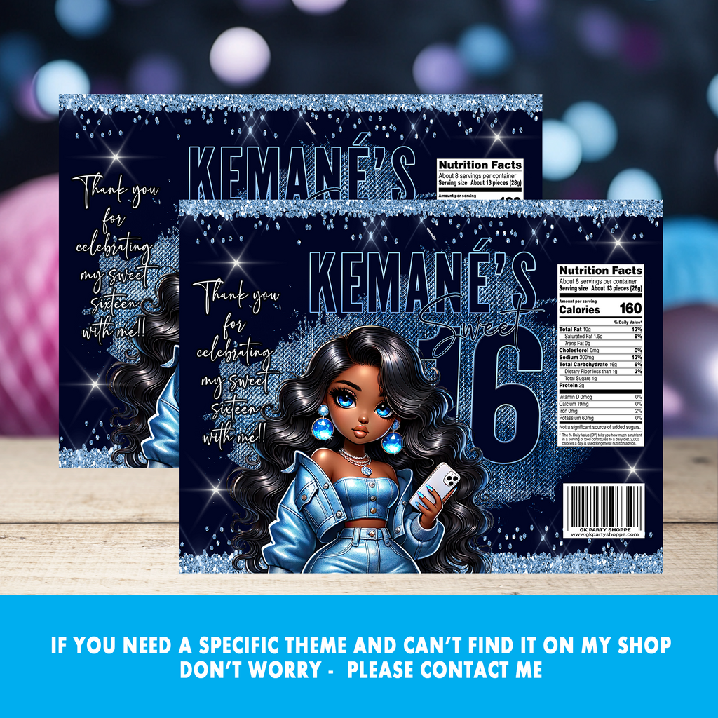 Denim Sweet 16 | Chip Bag Wrapper | Birthday Party Favor | Digital, Print & Ship