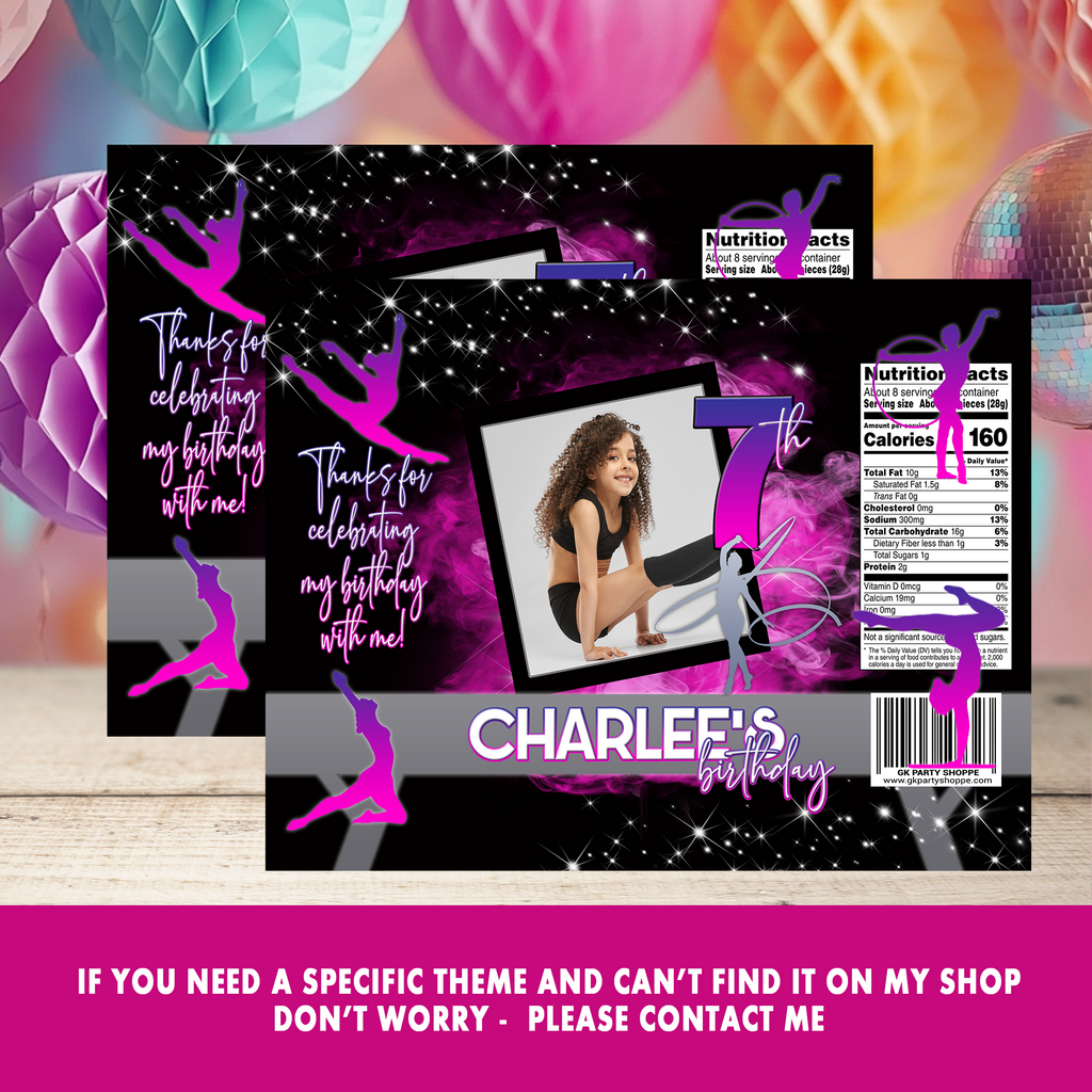 Gymnastics Party | Chip Bag Wrapper With Photo | Birthday Party Favor | Digital, Print & Ship