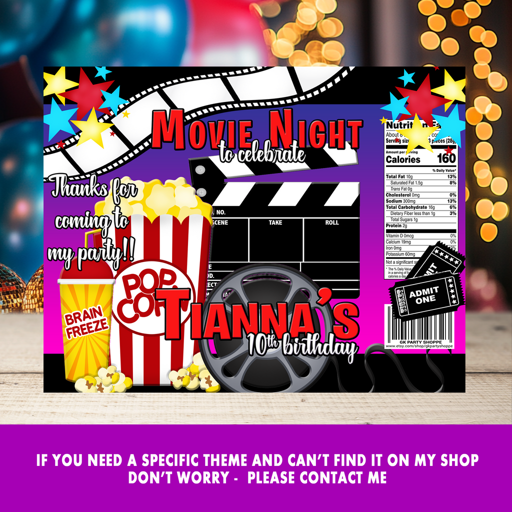 Lights, Camera, Action! Movie Night Party Favor Wrappers & Labels | Hollywood Birthday Party Favor | Birthday Party Printable | Digital & Print Options