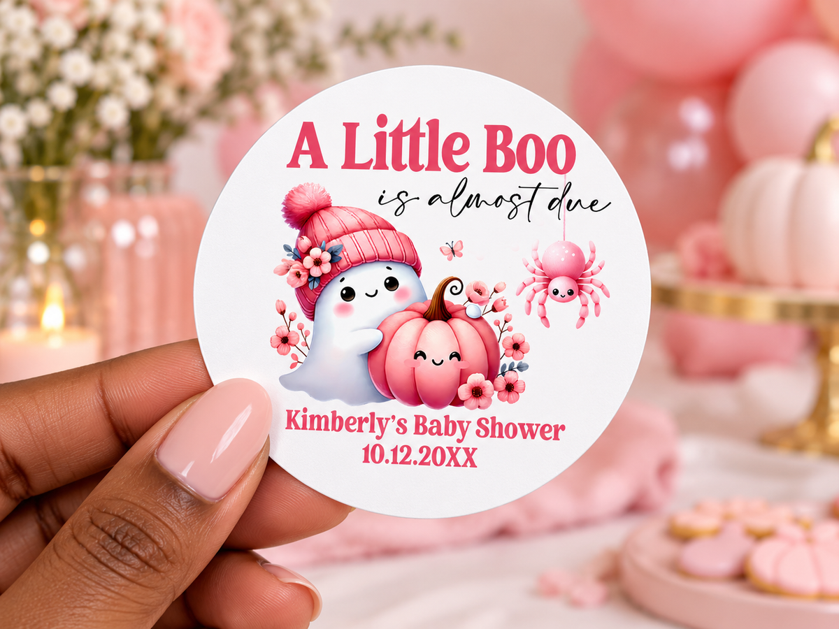 A Little Boo Is Almost Due Baby Shower Stickers | Personalized Halloween Favor Labels
