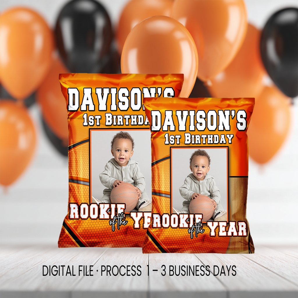 Rookie of the Year | Chip Bag Wrapper Party Favor with Photo | First Birthday Basketball Theme | Digital + Print Option