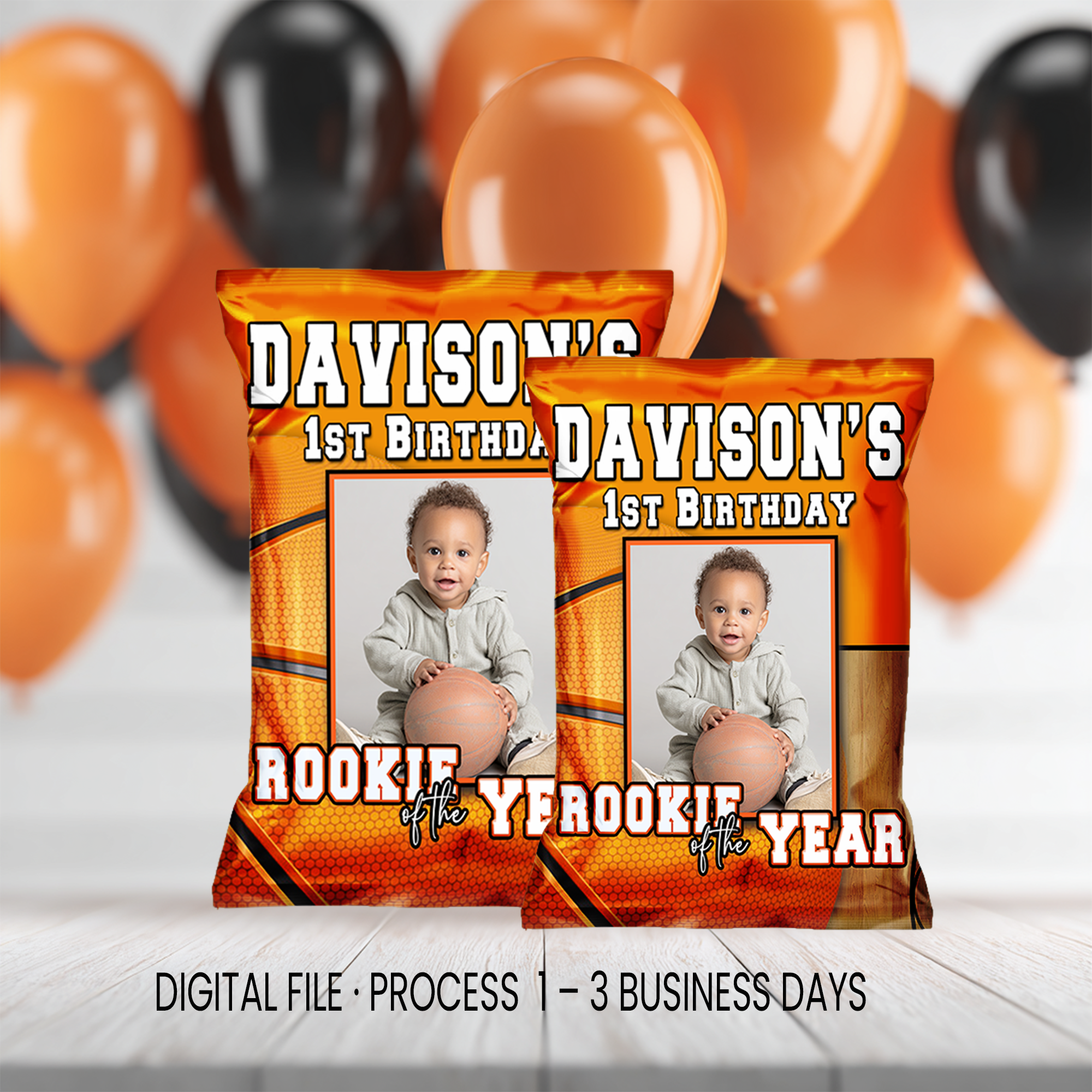Rookie of the Year | Chip Bag Wrapper Party Favor with Photo | First Birthday Basketball Theme | Digital + Print Option