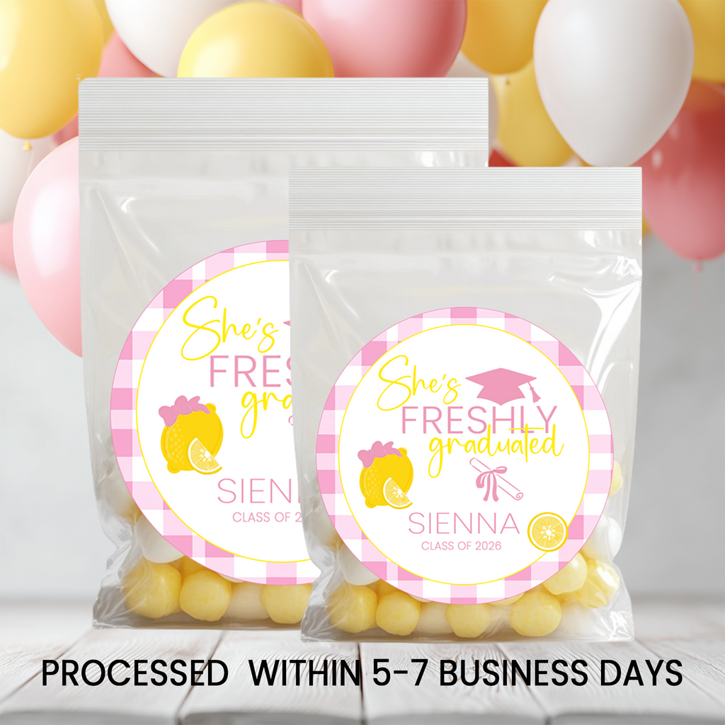 She’s Freshly Graduated Stickers | Lemon Graduation Favors | Personalized Party Favors