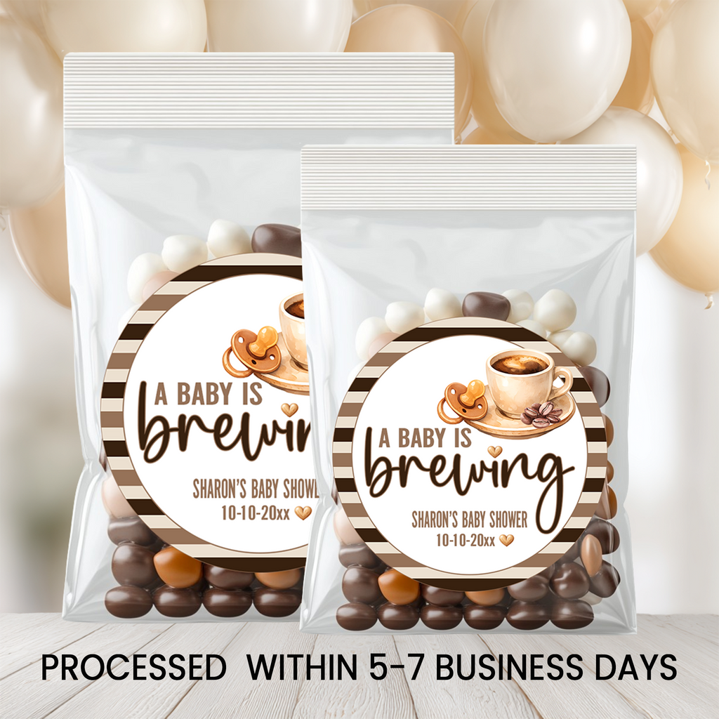 A Baby Is Brewing Stickers | 2.5 Inch Round Party Favors | Coffee Theme Baby Shower