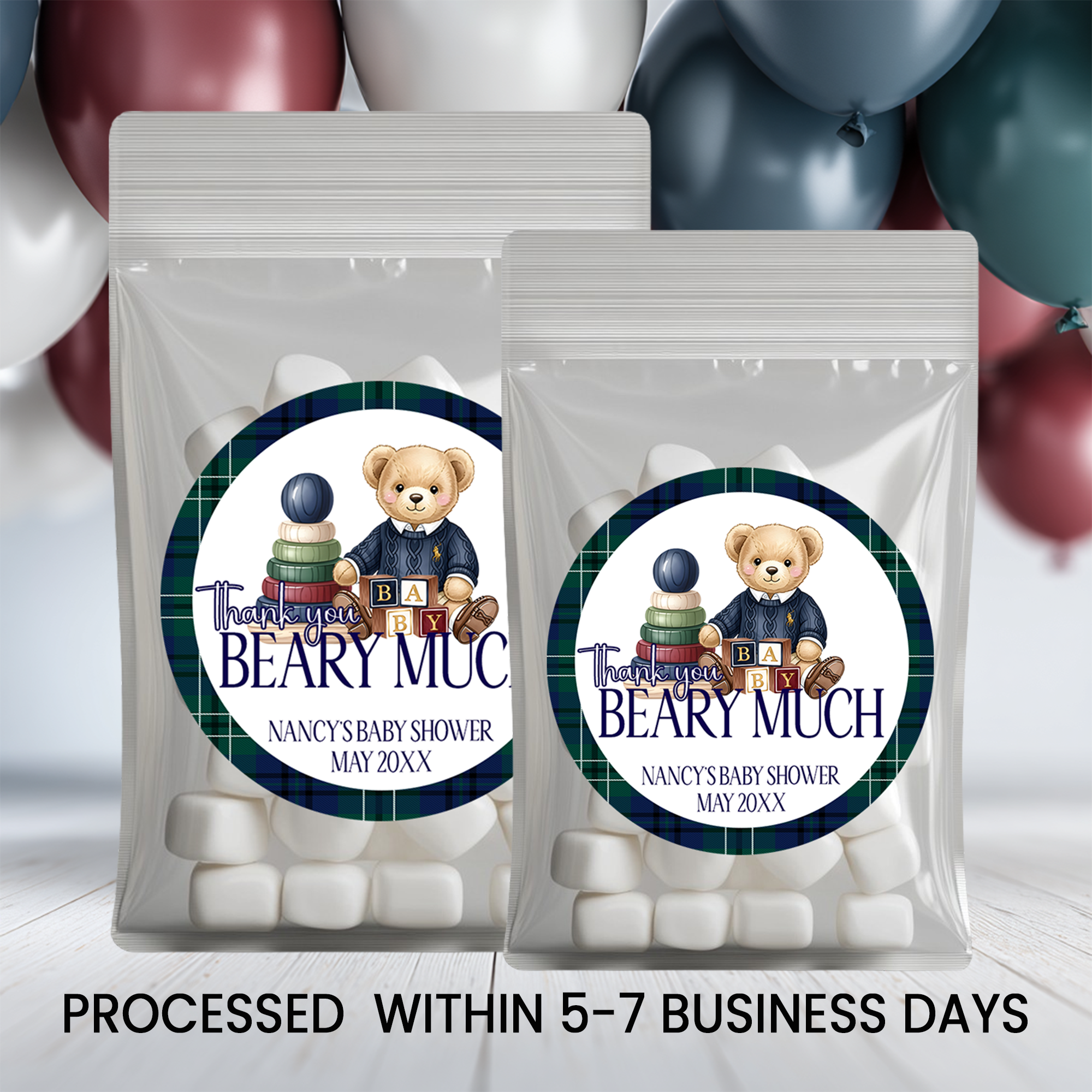 Elegant Teddy Bear Baby Shower | Personalized 2.5-Inch Stickers | Printed Party Favor Labels