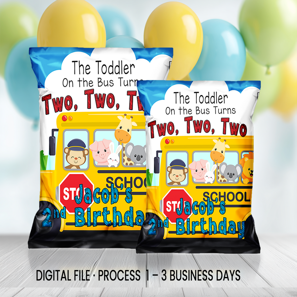 The Toddler on the Bus Turns 2 Chip Bag Wrapper Party Favor | Second Birthday Party