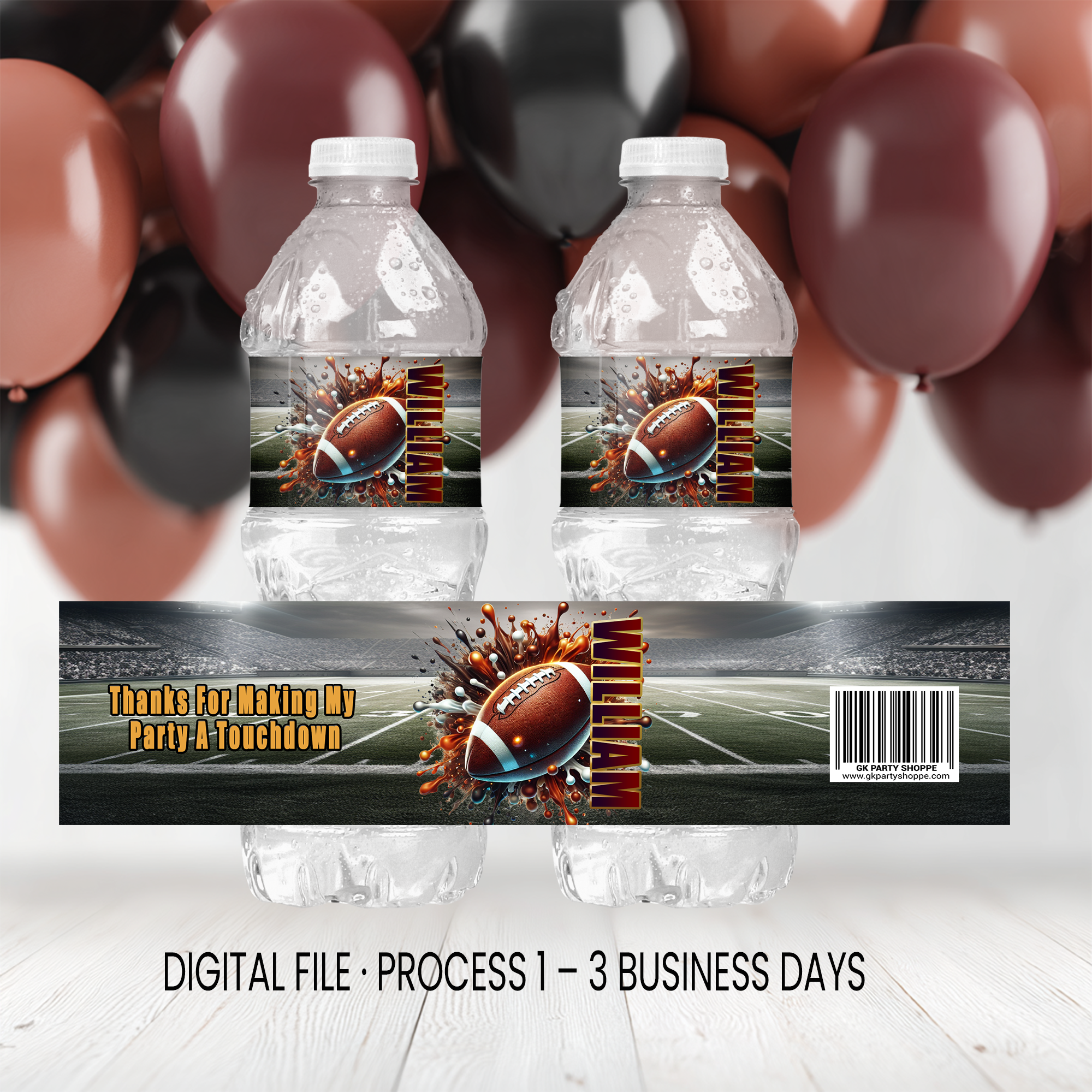 Football Theme Water Bottle Label | Game Day Birthday Party Favor | Digital + Print & Ship Option