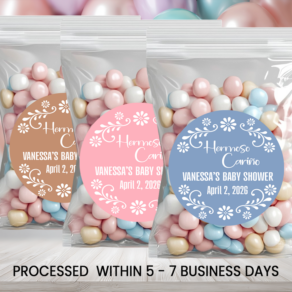 Hermoso Cariño Baby Shower Stickers | Personalized Baby Shower Party Favors | 2.5 Inch Circle Stickers | Cielito Lindo Baby Shower