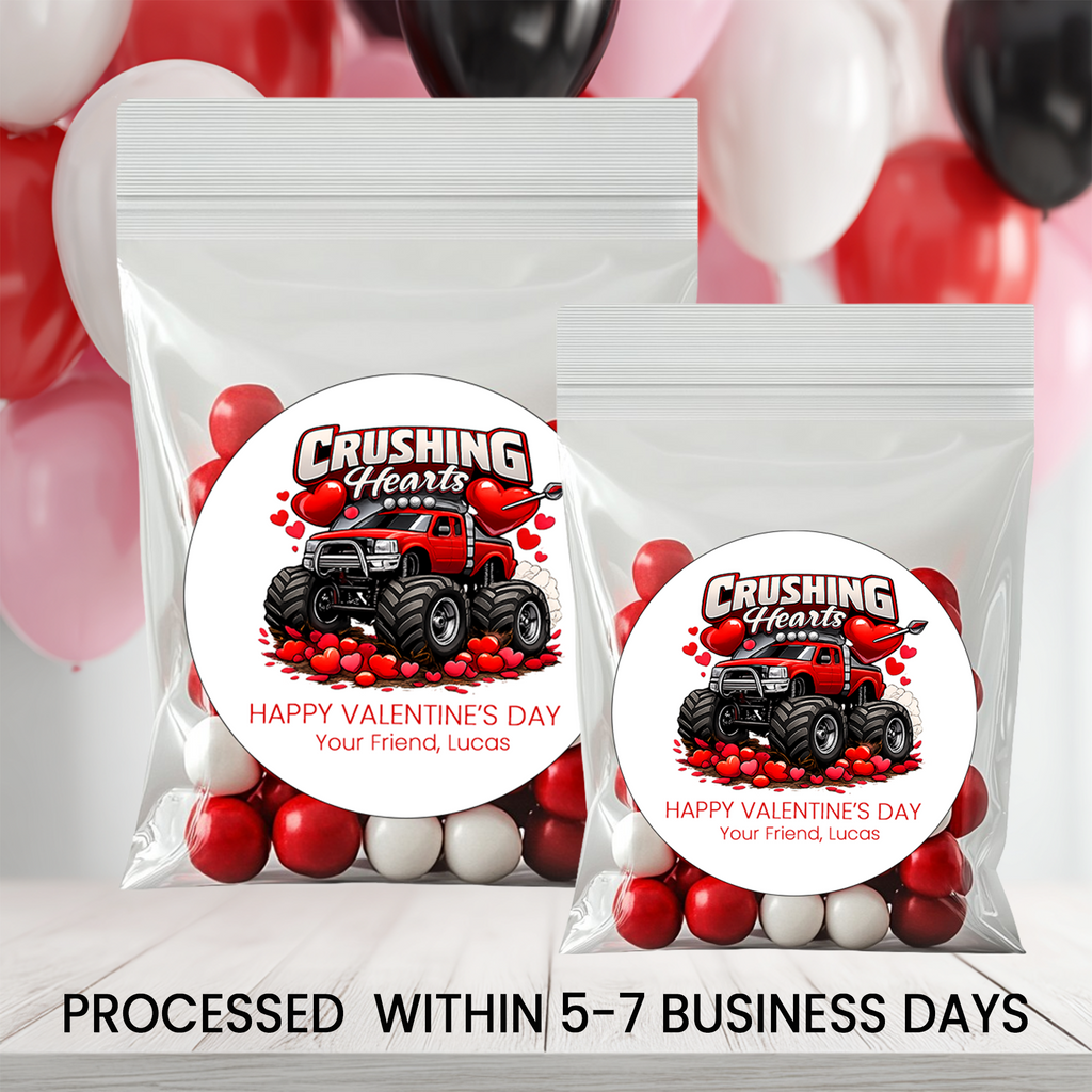 Crushing Hearts Valentine Circle Stickers | Boy Valentine Party Favor Stickers | Printed Valentine Stickers