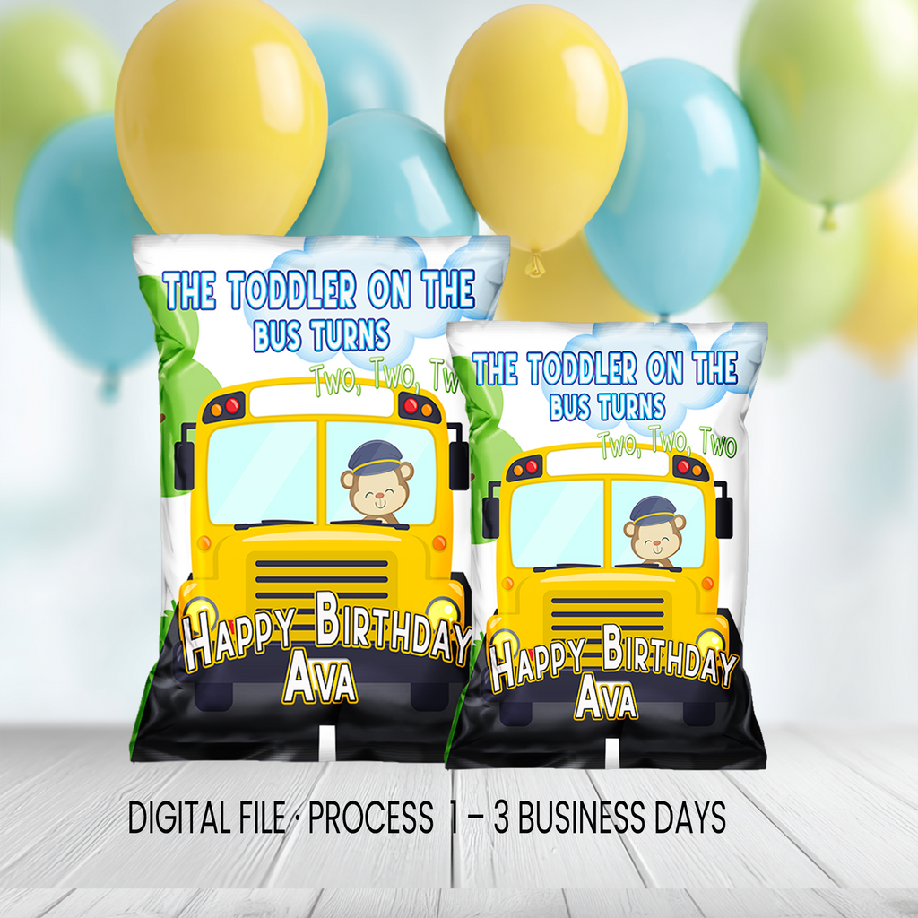 The Toddler on the Bus Turns 2 Chip Bag Wrapper Party Favor | Second Birthday Party | Digital + Print & Ship Option