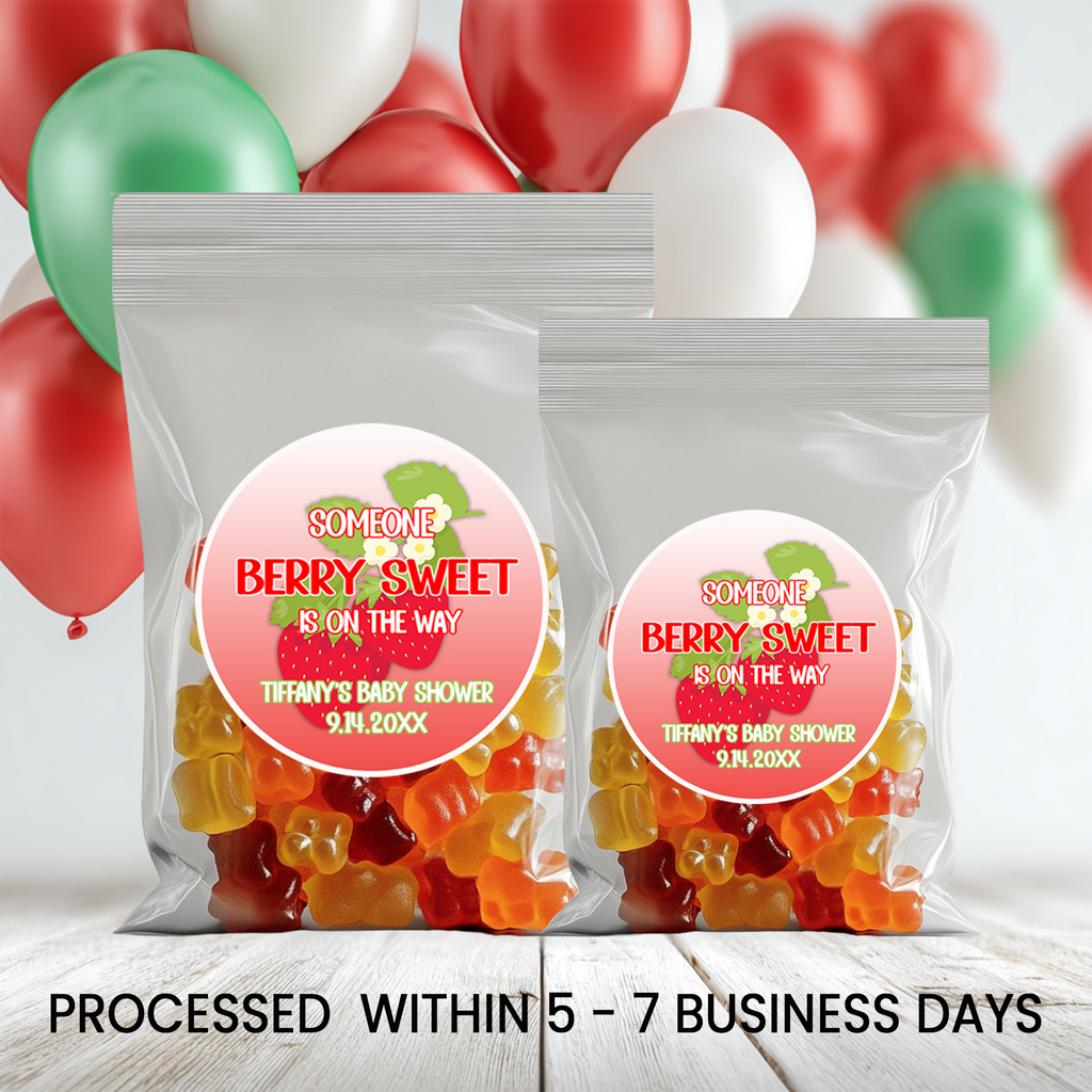 Berry Sweet Baby Shower Circle Party Favor Stickers | Strawberry Baby Shower Stickers | Printed-Only