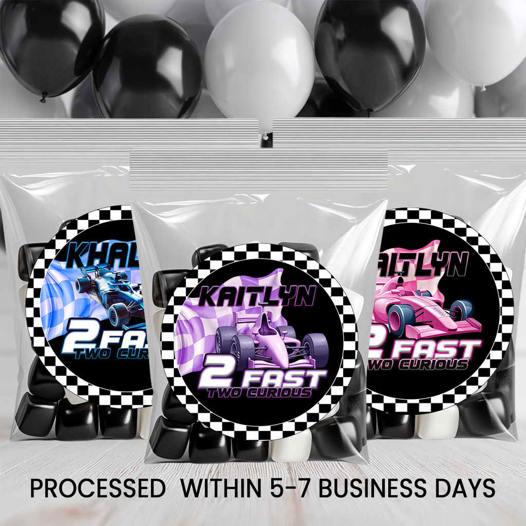 2 Fast 2 Curious | 2.5” Party Favor Stickers | Race Car Birthday Stickers | Treat Bag Seals | Printed Stickers