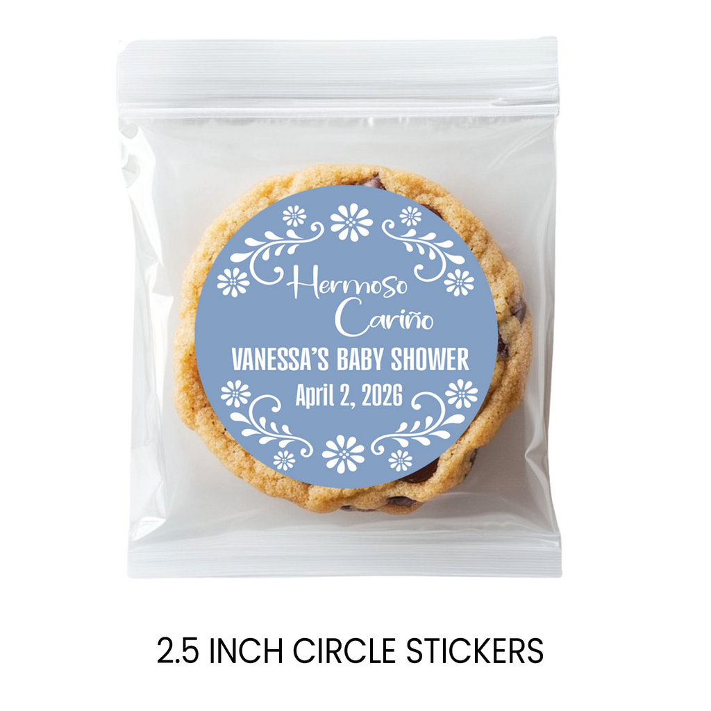 Hermoso Cariño Baby Shower Stickers | Personalized Baby Shower Party Favors | 2.5 Inch Circle Stickers | Cielito Lindo Baby Shower