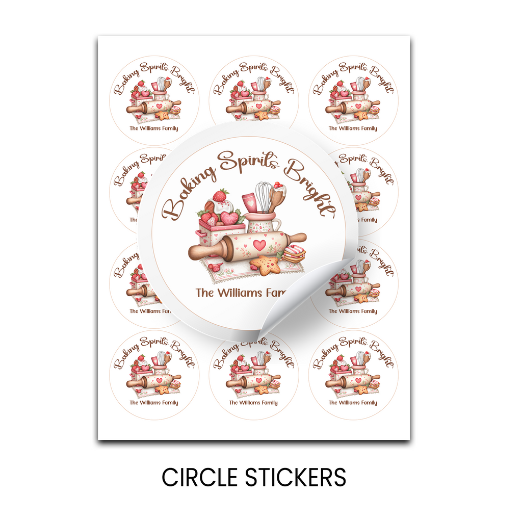 Baking Spirits Bright Christmas Circle Party Favor Stickers | Holiday Baking Stickers | Printed-Only