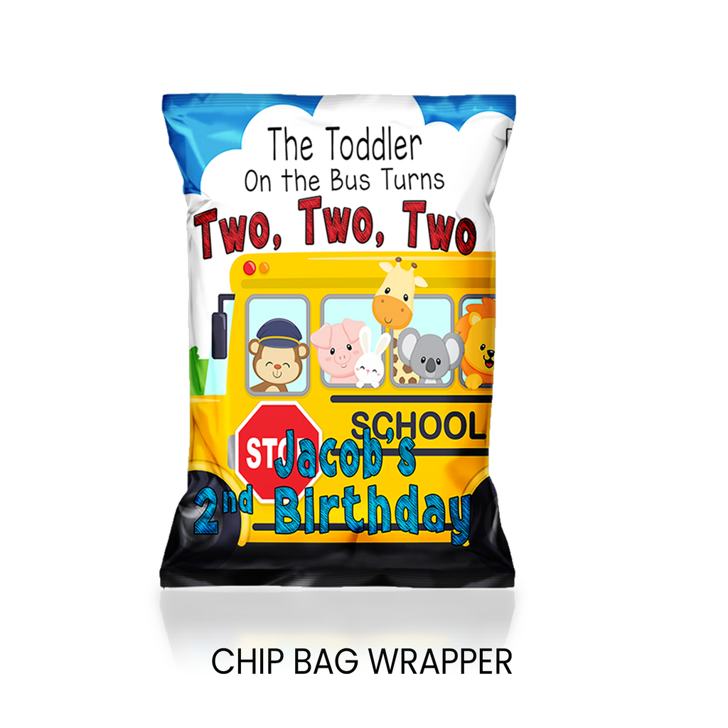 The Toddler on the Bus Turns 2 Chip Bag Wrapper Party Favor | Second Birthday Party