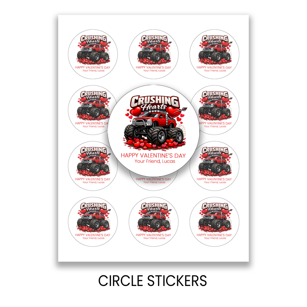 Crushing Hearts Valentine Circle Stickers | Boy Valentine Party Favor Stickers | Printed Valentine Stickers