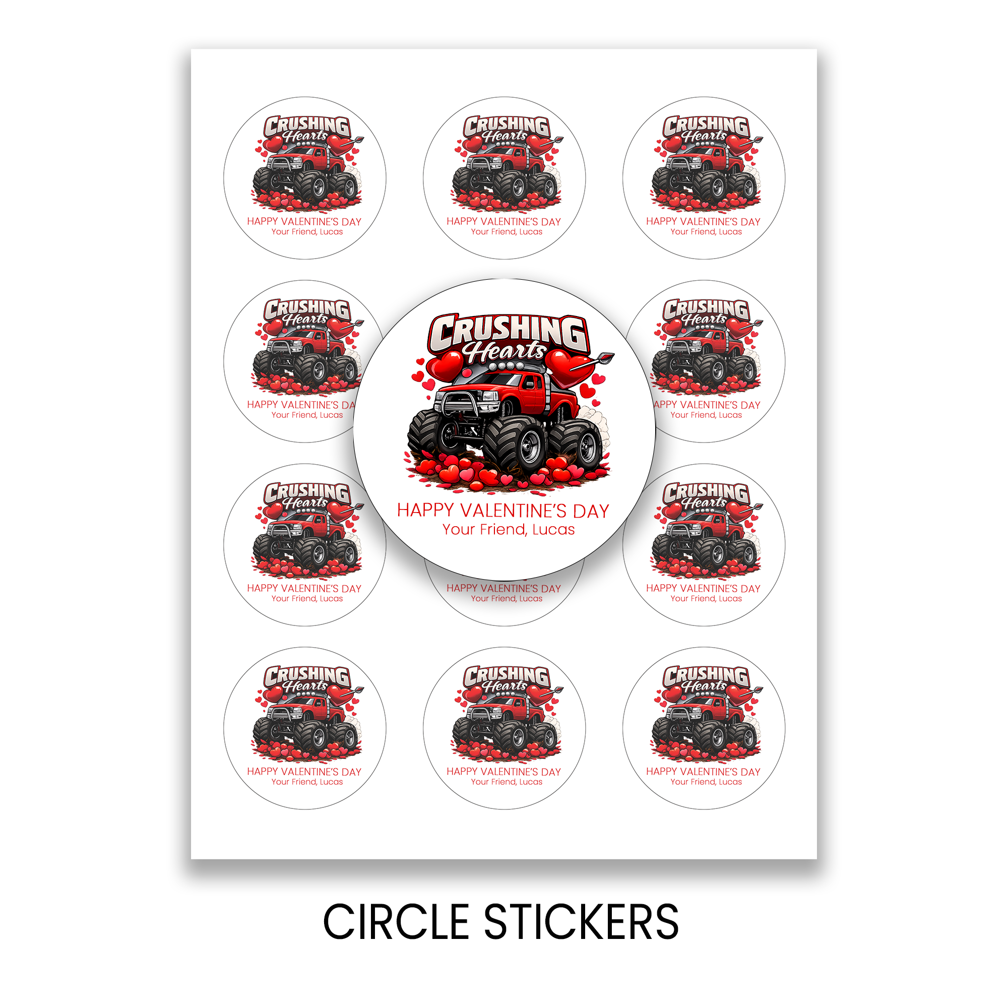 Crushing Hearts Valentine Circle Stickers | Boy Valentine Party Favor Stickers | Printed Valentine Stickers