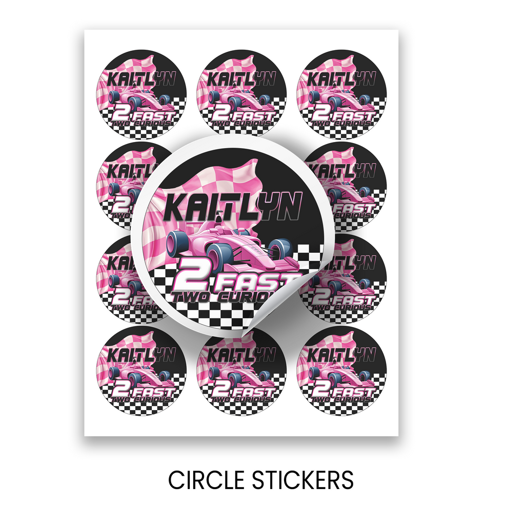 2 Fast 2 Curious | 2.5” Party Favor Stickers | Race Car Birthday Stickers | Treat Bag Seals | Printed Stickers