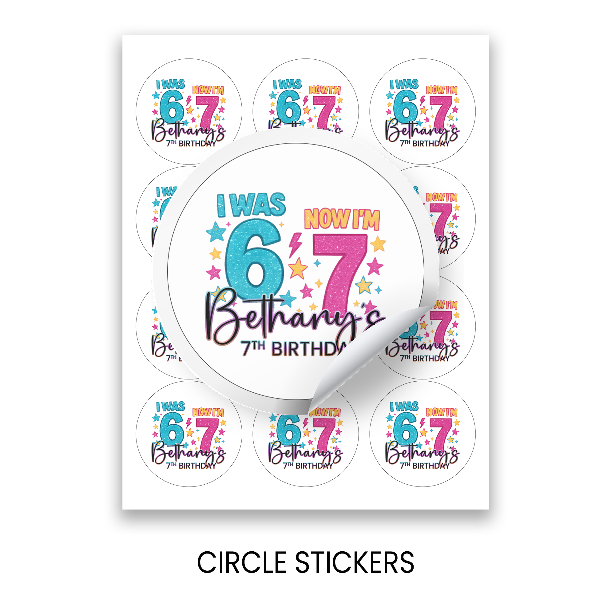 Six Seven (6/7) Birthday Circle Party Favor Stickers | Kids Birthday Stickers | Printed-Only