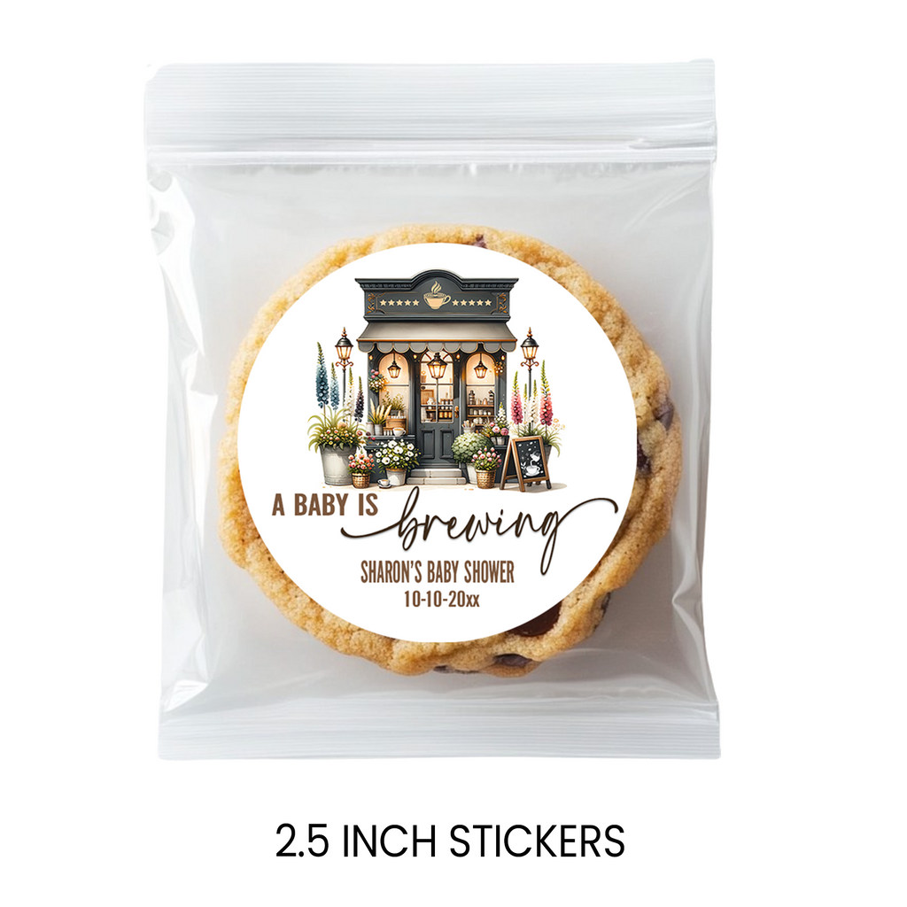 A Baby Is Brewing Stickers | 2.5 Inch Round Party Favors | Coffee Theme Baby Shower