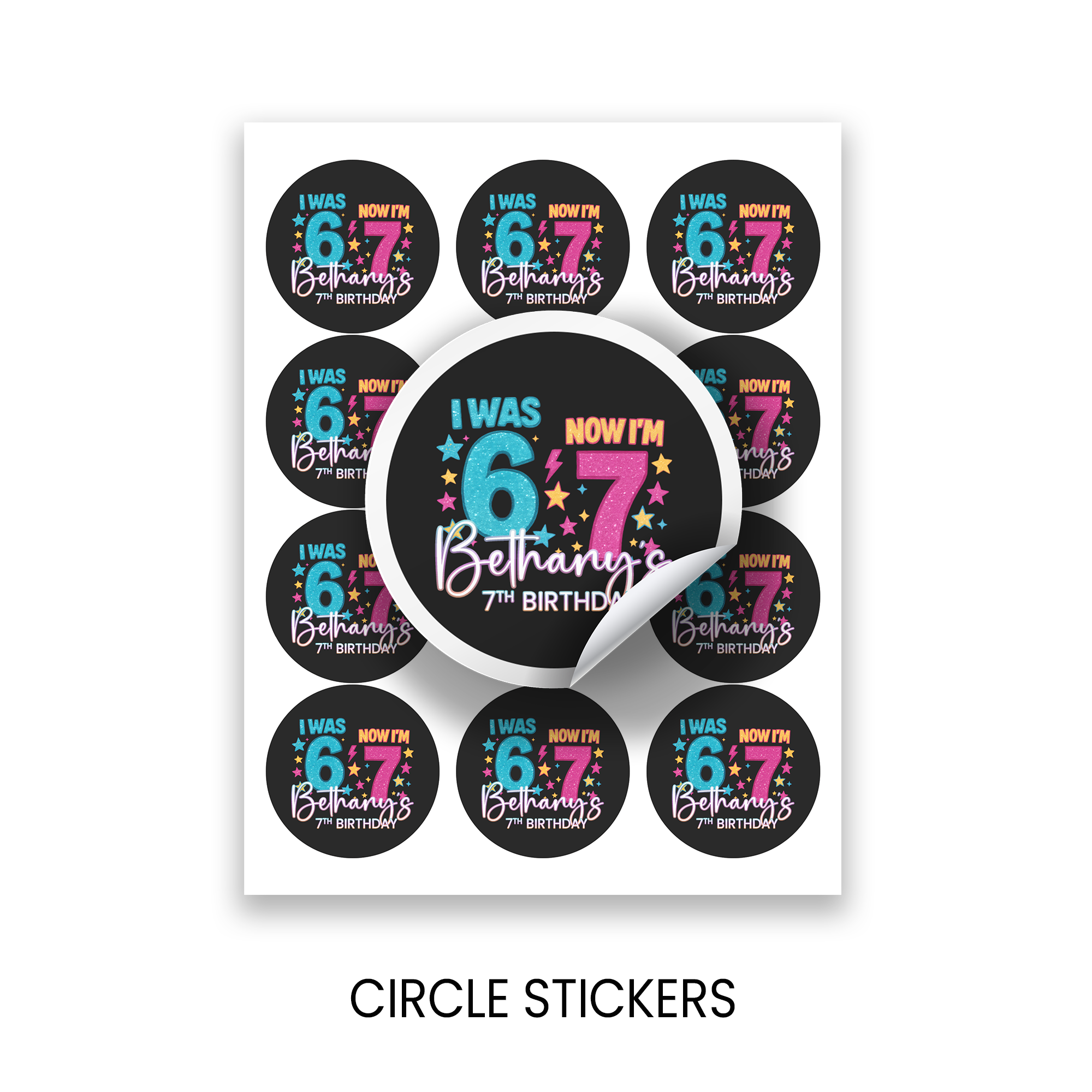 Six Seven (6/7) Birthday Circle Party Favor Stickers | Kids Birthday Stickers | Printed-Only