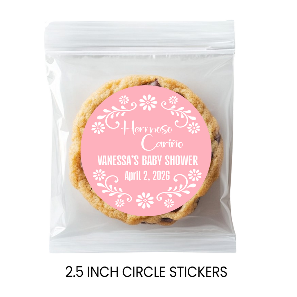 Hermoso Cariño Baby Shower Stickers | Personalized Baby Shower Party Favors | 2.5 Inch Circle Stickers | Cielito Lindo Baby Shower