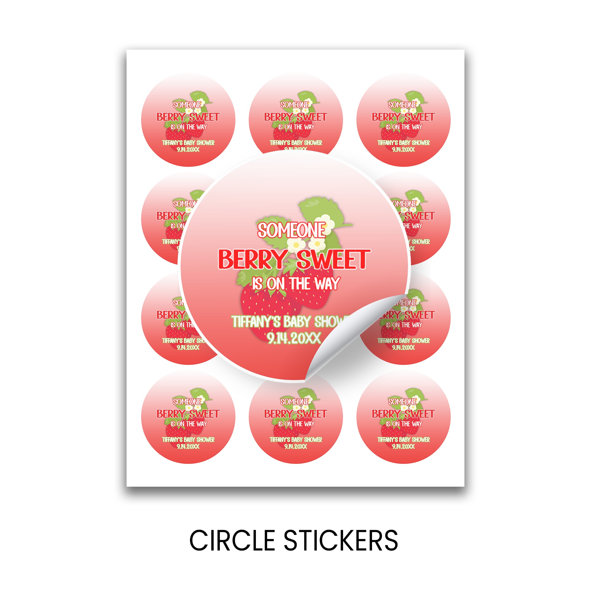 Berry Sweet Baby Shower Circle Party Favor Stickers | Strawberry Baby Shower Stickers | Printed-Only