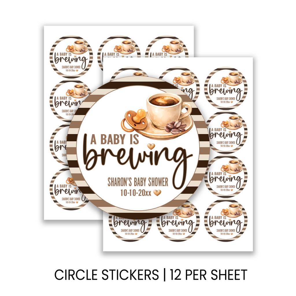 A Baby Is Brewing Stickers | 2.5 Inch Round Party Favors | Coffee Theme Baby Shower