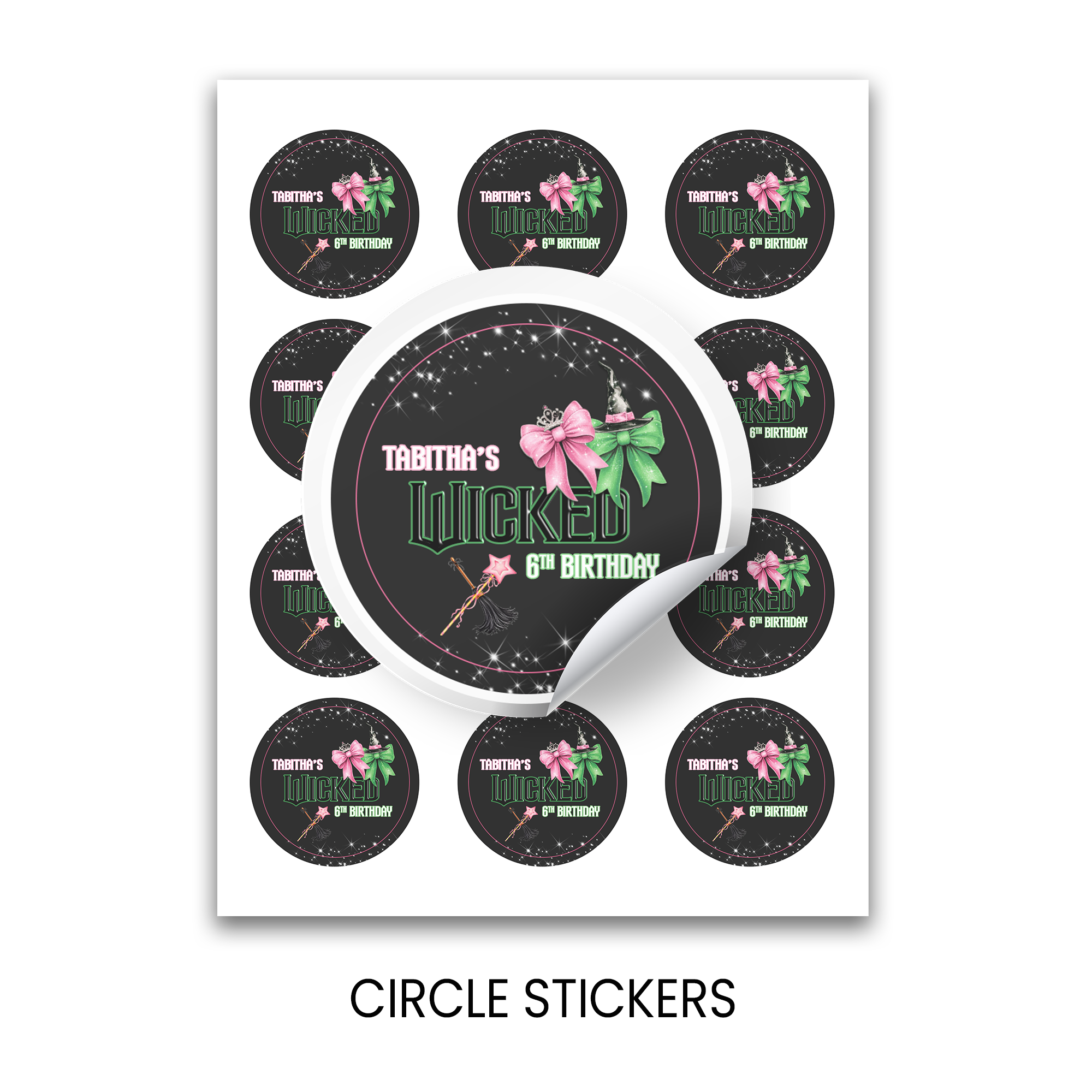 Wicked Inspired Party | 2.5” Party Favor Stickers | Green & Pink Party Stickers | Treat Bag Seals | Printed Stickers
