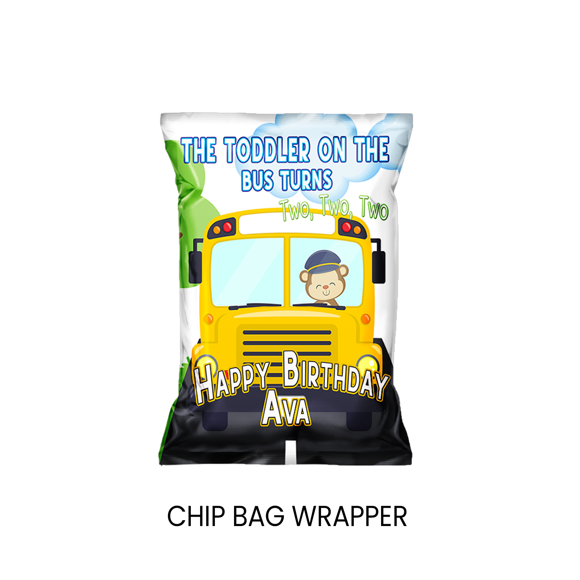 The Toddler on the Bus Turns 2 Chip Bag Wrapper Party Favor | Second Birthday Party | Digital + Print & Ship Option