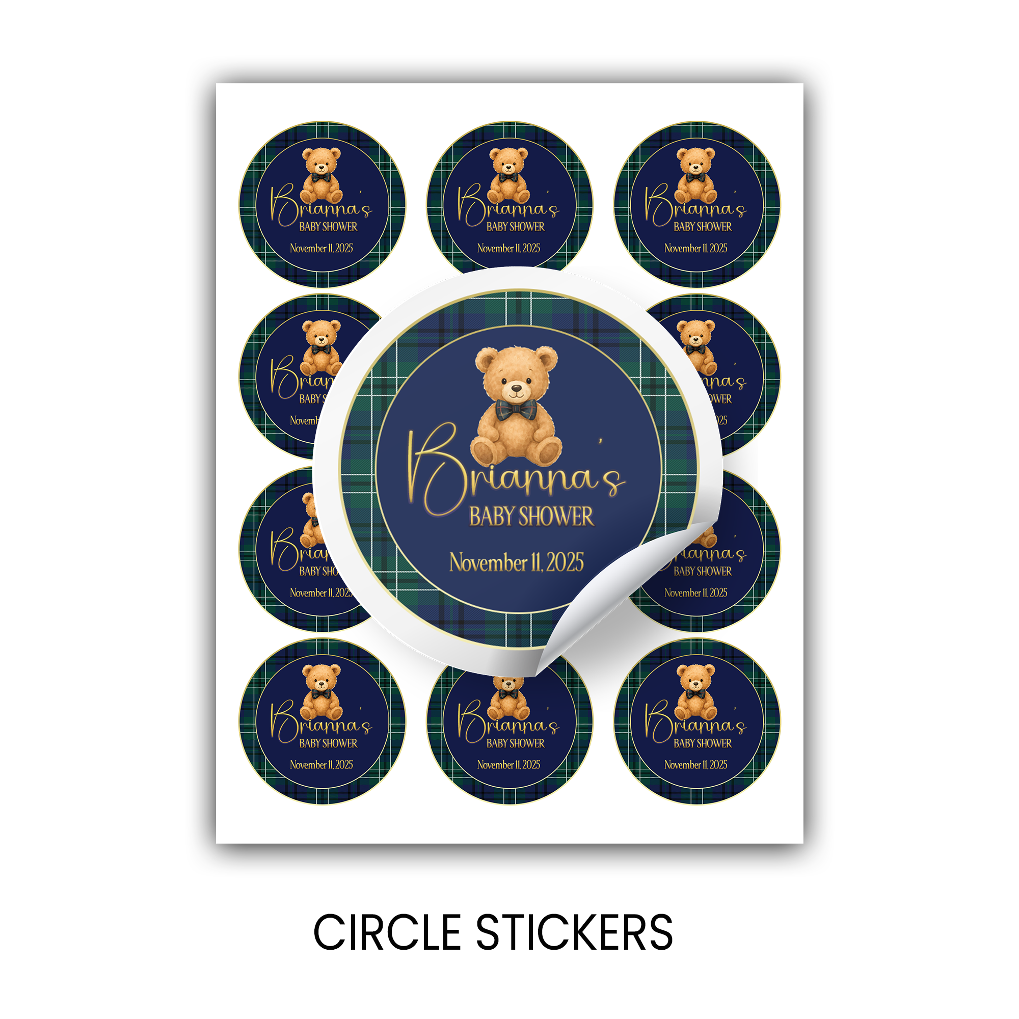 Elegant Teddy Bear Baby Shower | Personalized 2.5-Inch Stickers | Printed Party Favor Labels