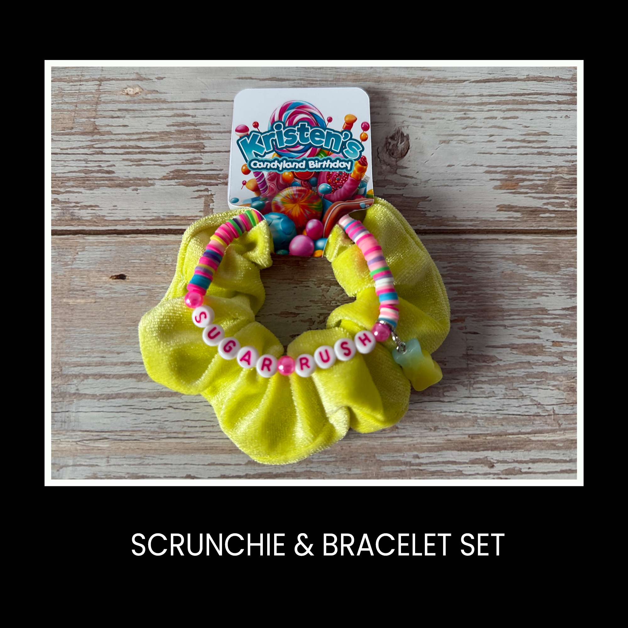 Candyland Inspired Scrunchie & Bracelet Set | Custom Party Favor | Personalized Birthday Party Favor