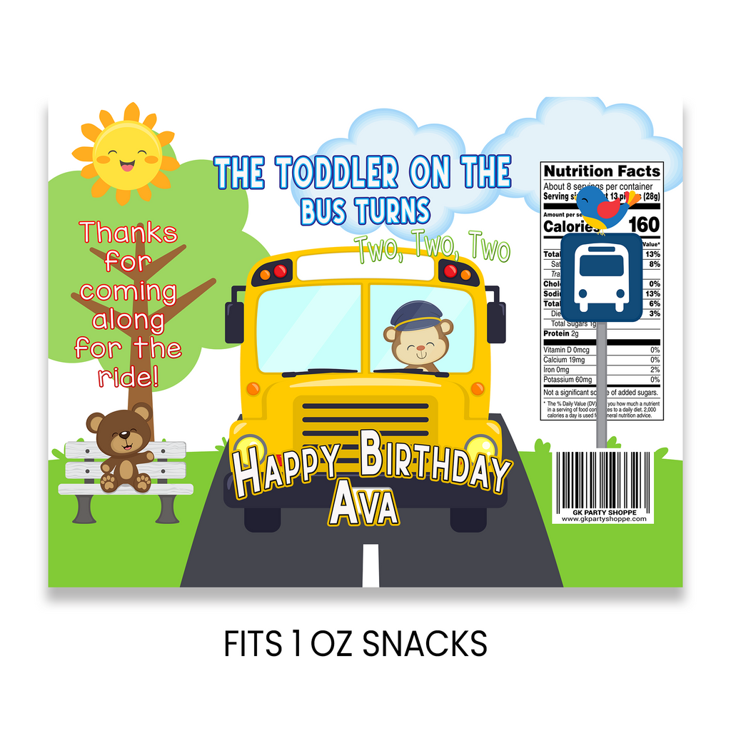 The Toddler on the Bus Turns 2 Chip Bag Wrapper Party Favor | Second Birthday Party | Digital + Print & Ship Option