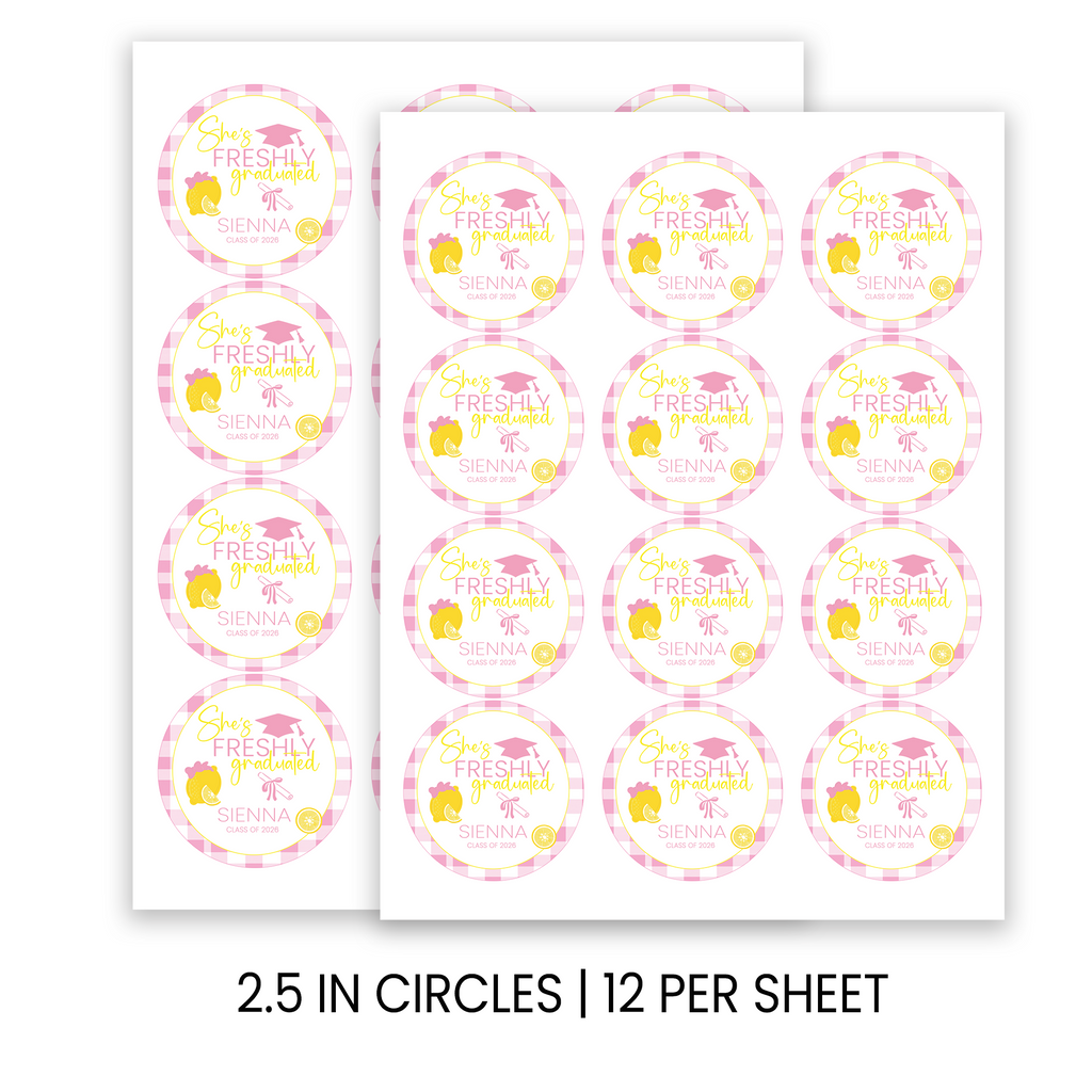 She’s Freshly Graduated Stickers | Lemon Graduation Favors | Personalized Party Favors