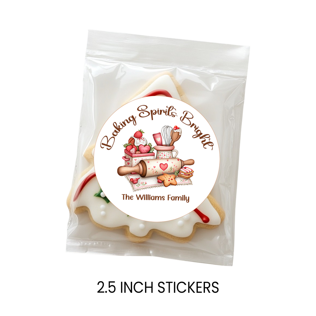 Baking Spirits Bright Christmas Circle Party Favor Stickers | Holiday Baking Stickers | Printed-Only