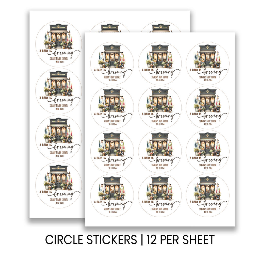 A Baby Is Brewing Stickers | 2.5 Inch Round Party Favors | Coffee Theme Baby Shower