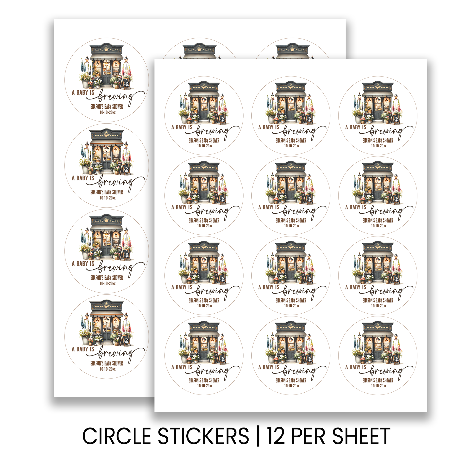 A Baby Is Brewing Stickers | 2.5 Inch Round Party Favors | Coffee Theme Baby Shower
