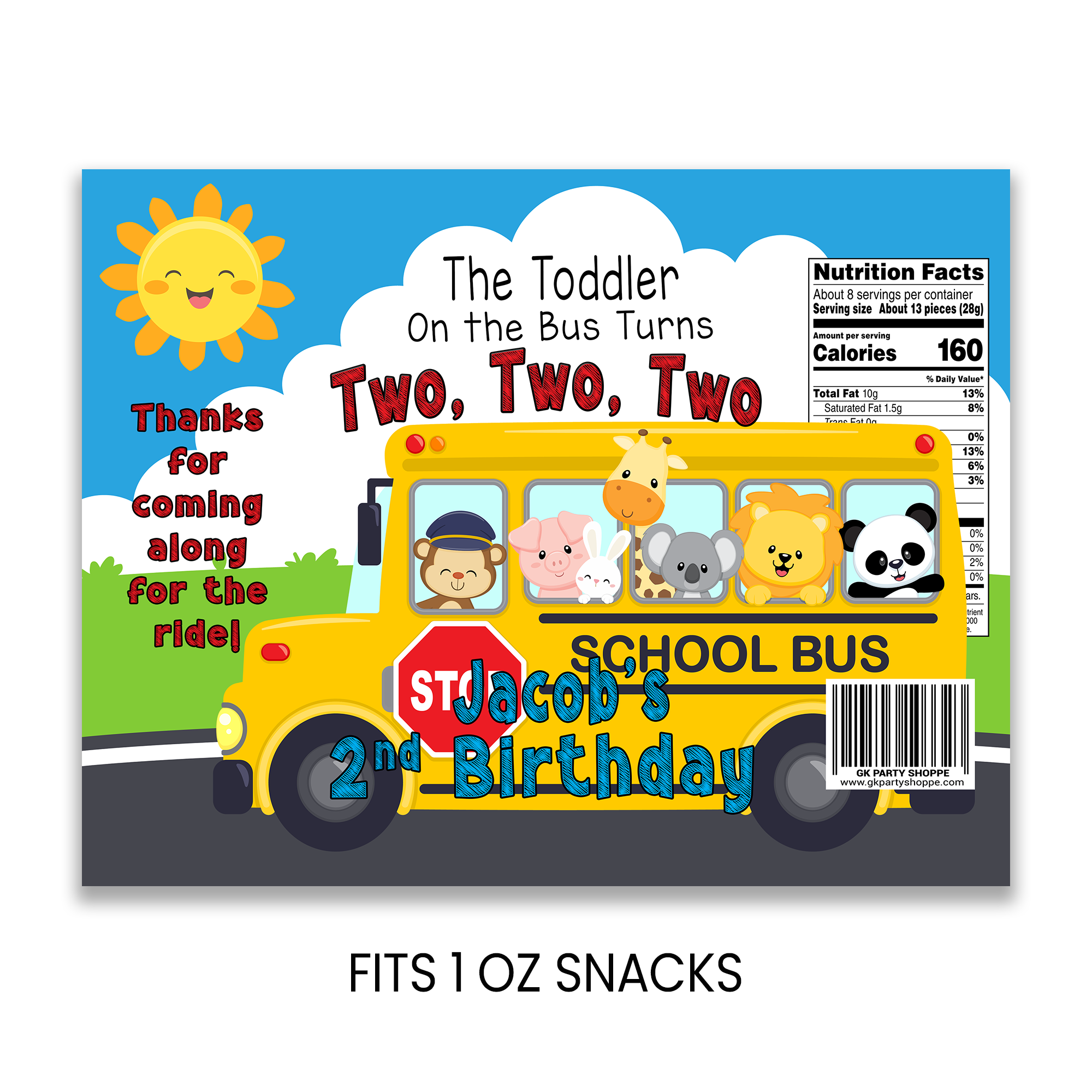 The Toddler on the Bus Turns 2 Chip Bag Wrapper Party Favor | Second Birthday Party