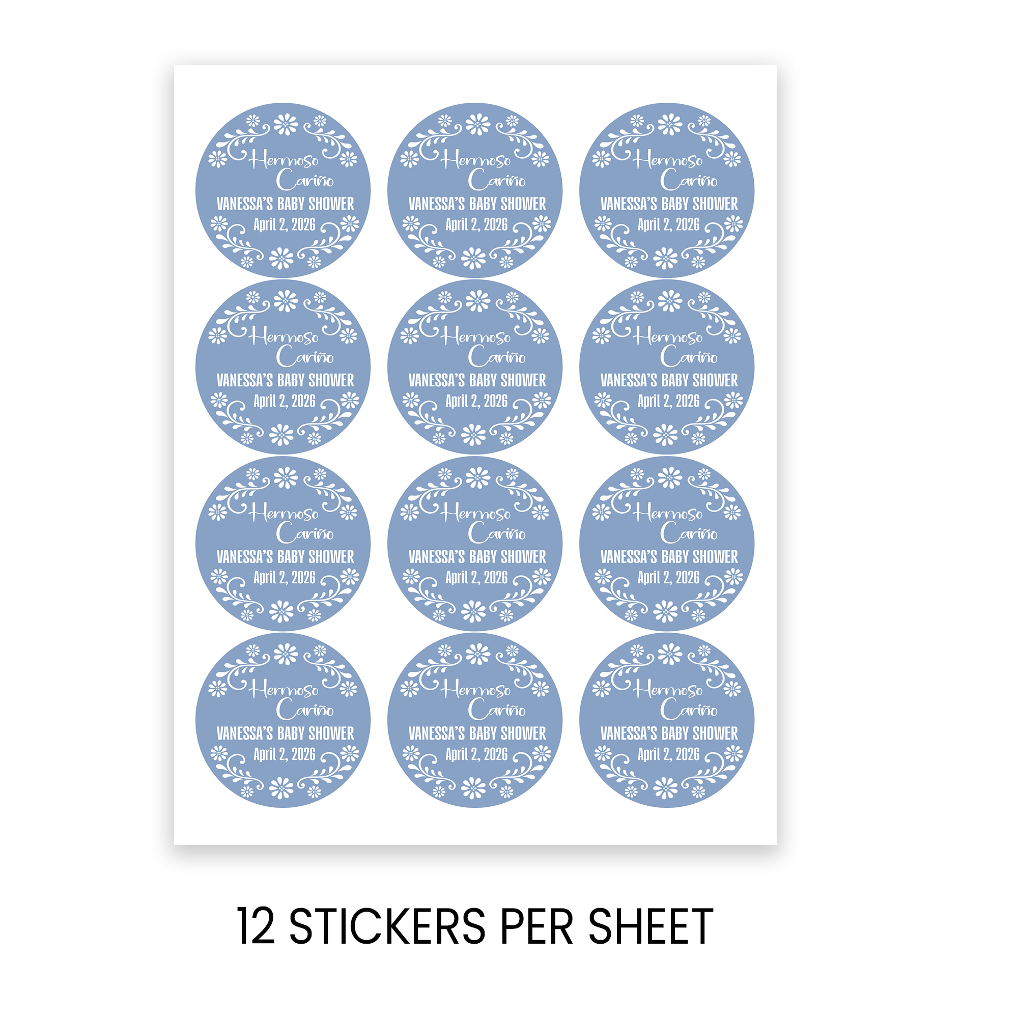 Hermoso Cariño Baby Shower Stickers | Personalized Baby Shower Party Favors | 2.5 Inch Circle Stickers | Cielito Lindo Baby Shower