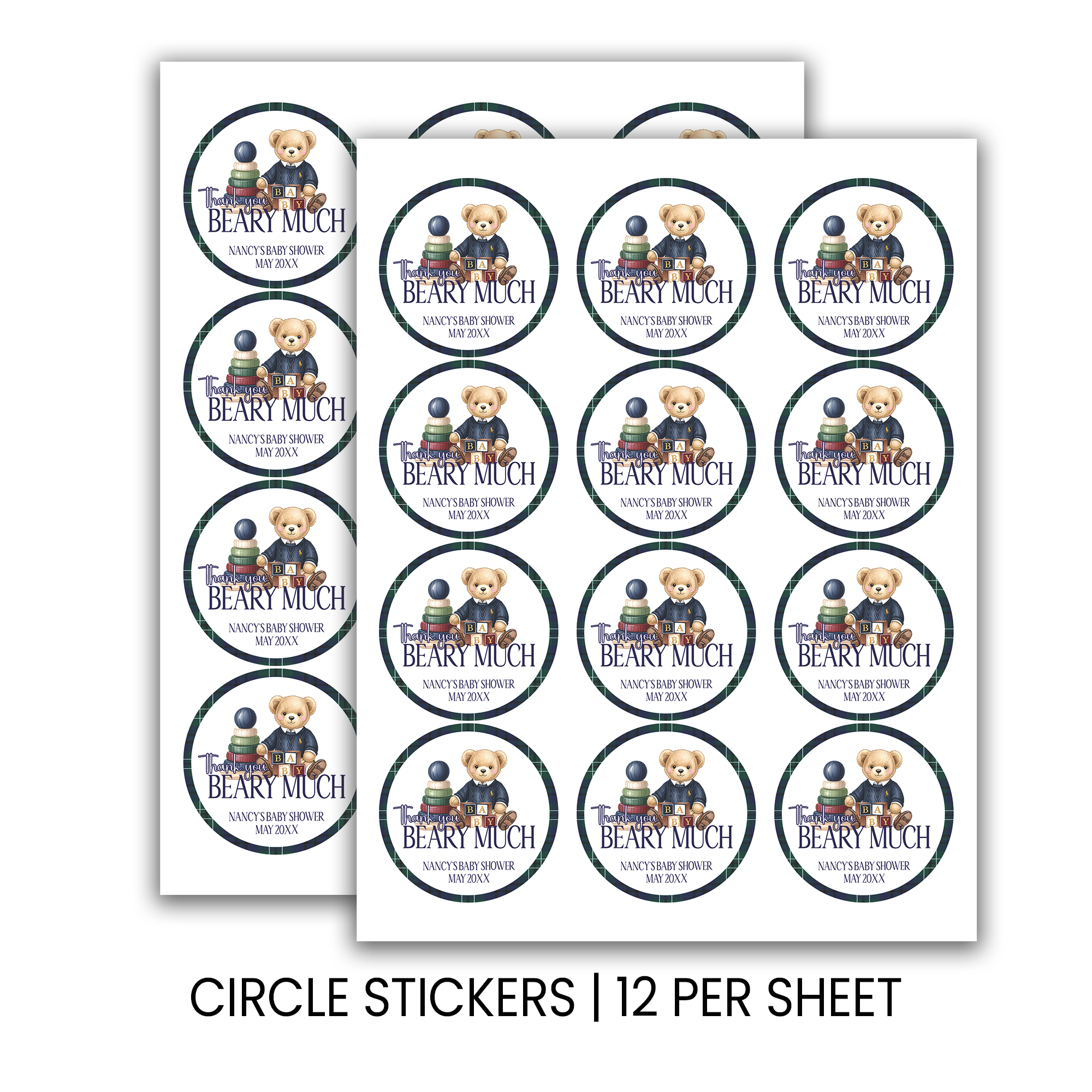Elegant Teddy Bear Baby Shower | Personalized 2.5-Inch Stickers | Printed Party Favor Labels