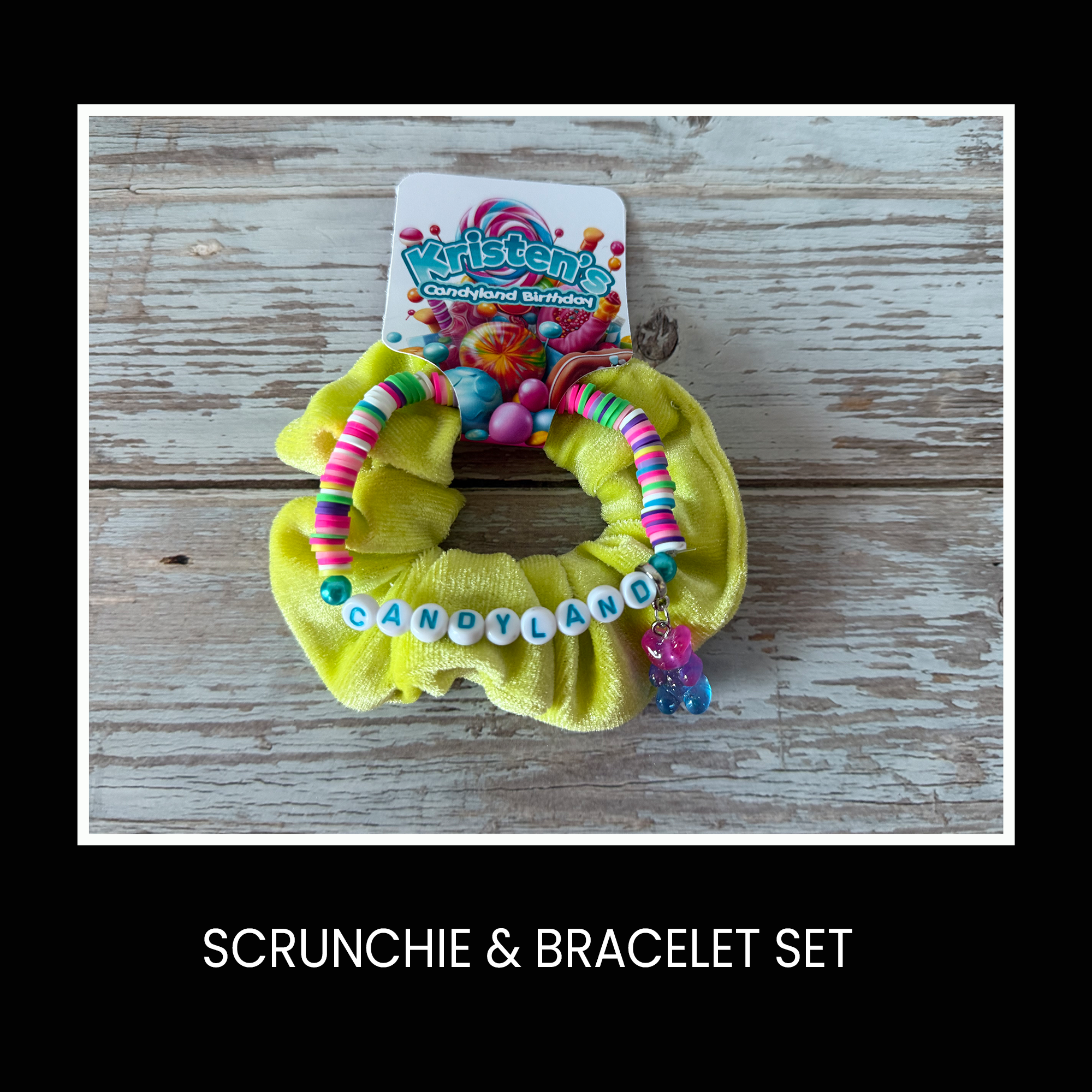 Candyland Inspired Scrunchie & Bracelet Set | Custom Party Favor | Personalized Birthday Party Favor
