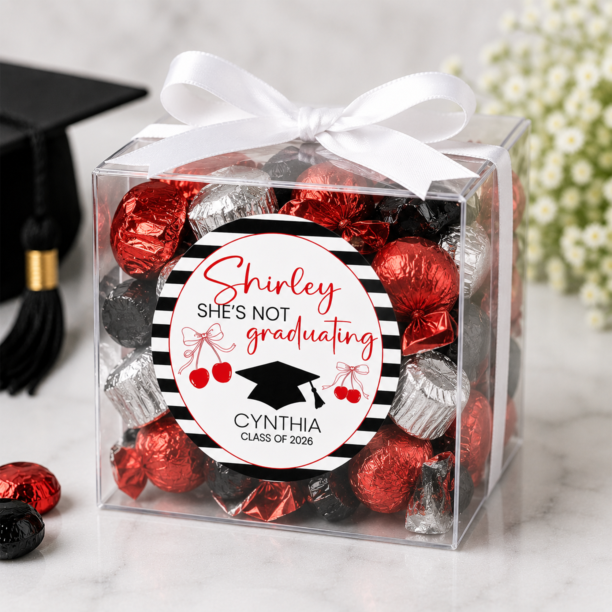 Shirley She’s Not Graduating Stickers | Funny Graduation Favor Seals | Personalized 2.5 Inch Party Labels