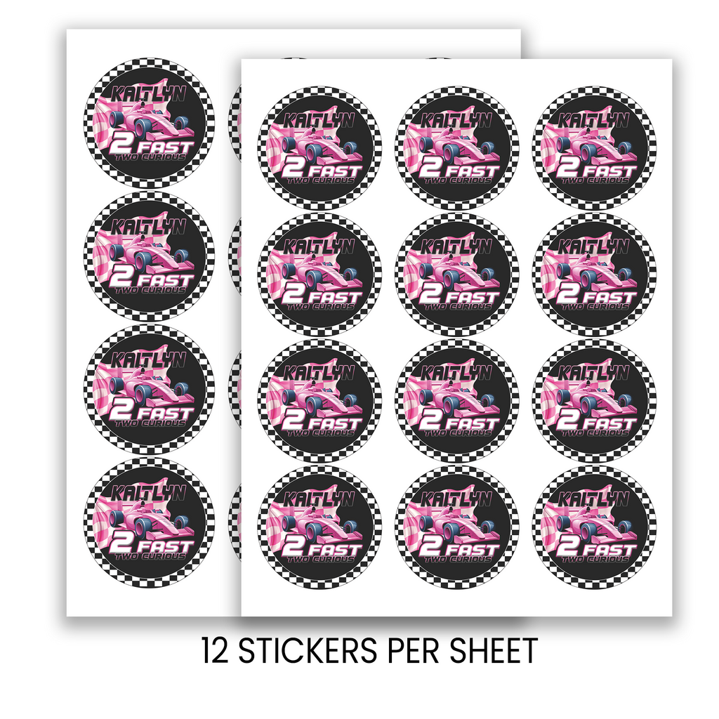 2 Fast 2 Curious | 2.5” Party Favor Stickers | Race Car Birthday Stickers | Treat Bag Seals | Printed Stickers