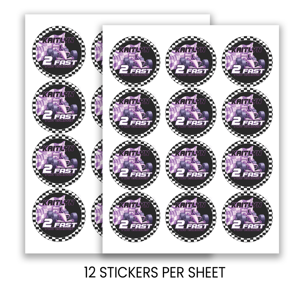 2 Fast 2 Curious | 2.5” Party Favor Stickers | Race Car Birthday Stickers | Treat Bag Seals | Printed Stickers