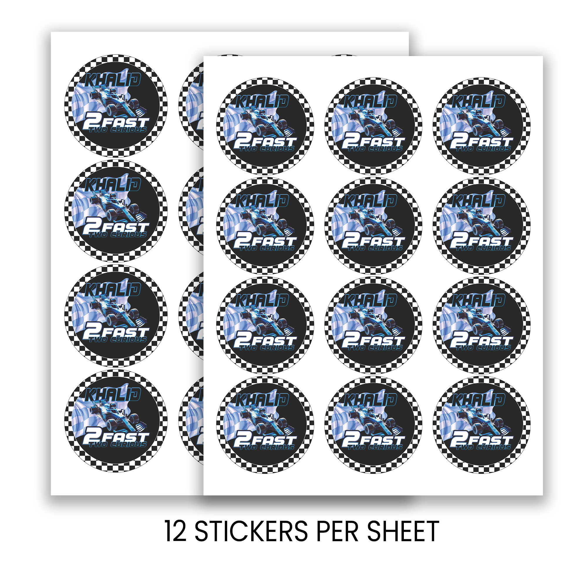 2 Fast 2 Curious | 2.5” Party Favor Stickers | Race Car Birthday Stickers | Treat Bag Seals | Printed Stickers