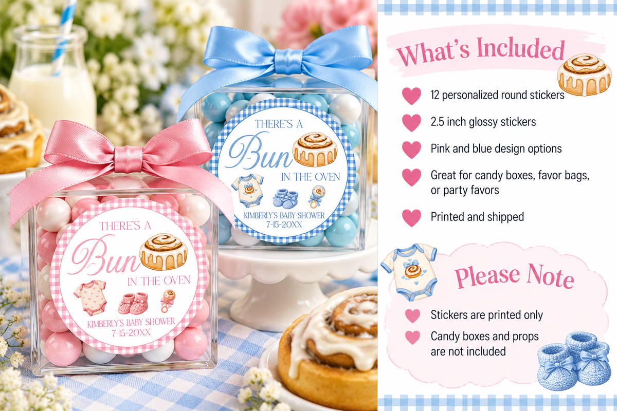 There's A Bun Is In The Oven Stickers | Personalized Baby Shower Favor Labels
