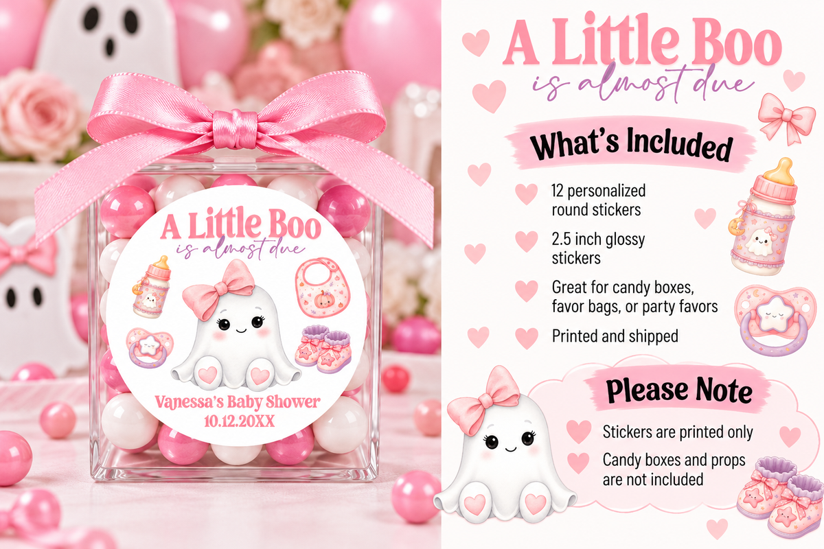 A Little Boo Is Almost Due Baby Shower Stickers | Personalized Halloween Favor Labels