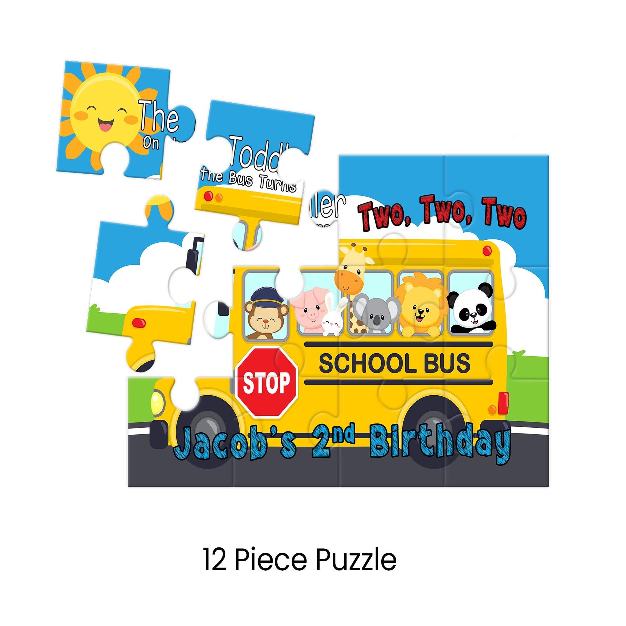 The Toddler On The Bus Turns 2 | Personalized Kids Puzzle Party Favor | 12-Piece Mini Puzzle | Second Birthday