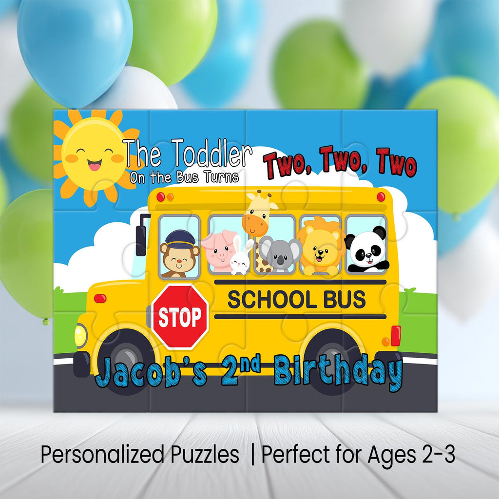 The Toddler On The Bus Turns 2 | Personalized Kids Puzzle Party Favor | 12-Piece Mini Puzzle | Second Birthday
